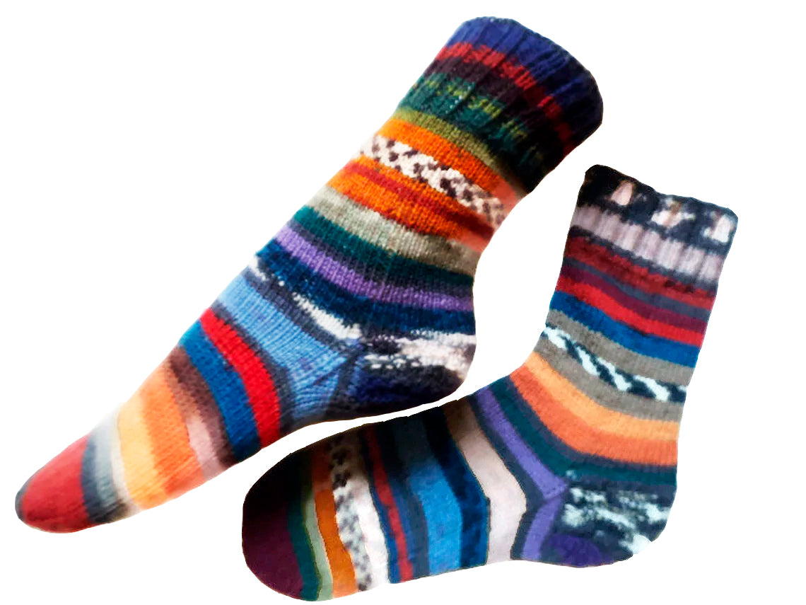 : Artisan striped wool socks featuring a unique hand-knit design with vibrant colors, showcasing craftsmanship and warmth, perfect for cozying up during colder months.