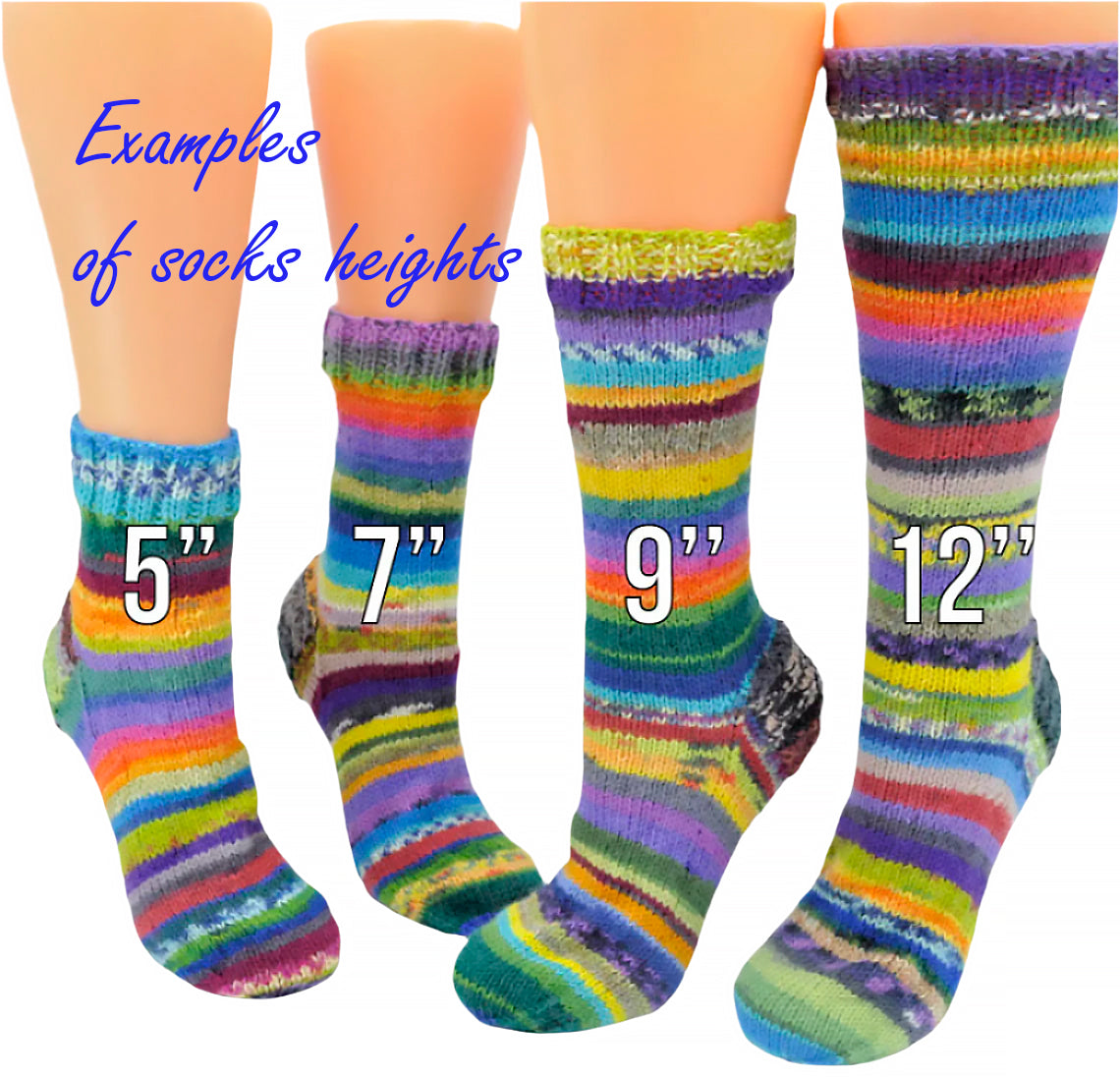 Examples of socks in different heights, including ankle, crew, and knee-high styles, showcasing various lengths for comfort and style preferences.