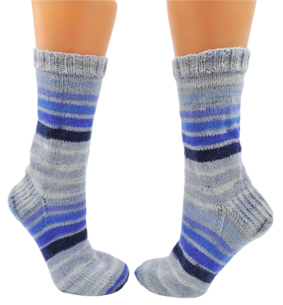 Hand Knitted Wool socks. Grey and blue striped socks. Handmade Calf Socks 