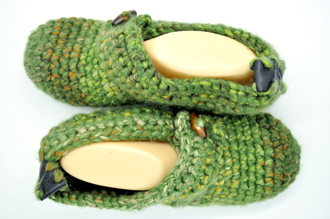 Forest Green Crochet Slippers Leather Sole