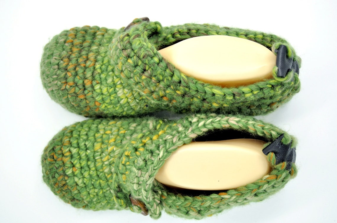 Forest Green Crochet Slippers Leather Sole