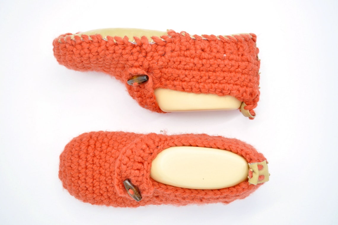 Blood Orange Crochet Slippers Leather Sole